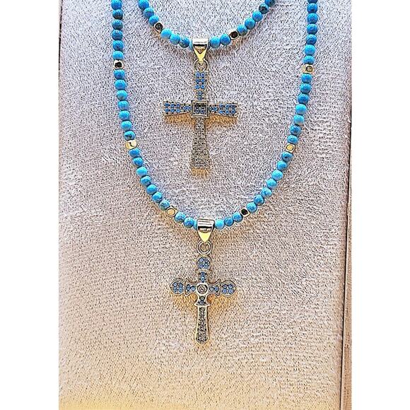 Handmade Blue Turquoise Cross Necklace Choose Gold Plate Adjustable Chain - Picture 1 of 9